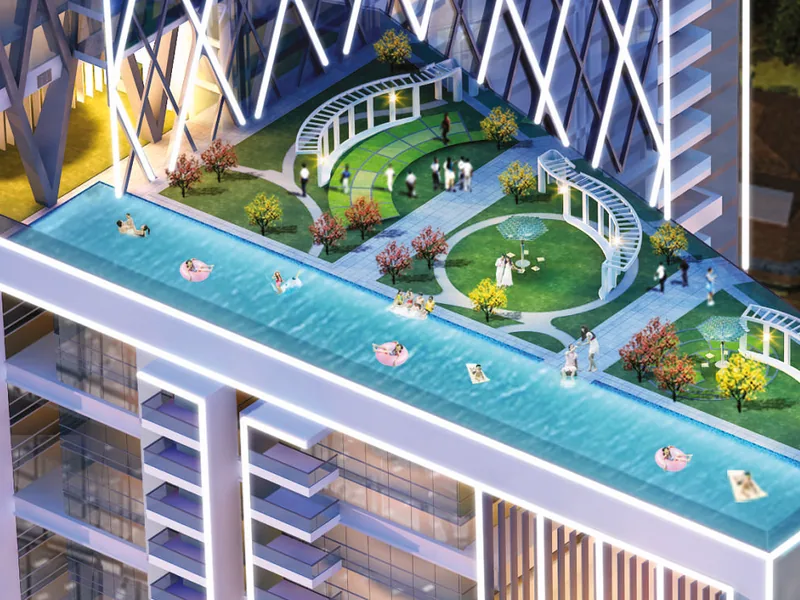 Rooftop infinity pool and gardens at The Trilight Kokapet, conceptual render